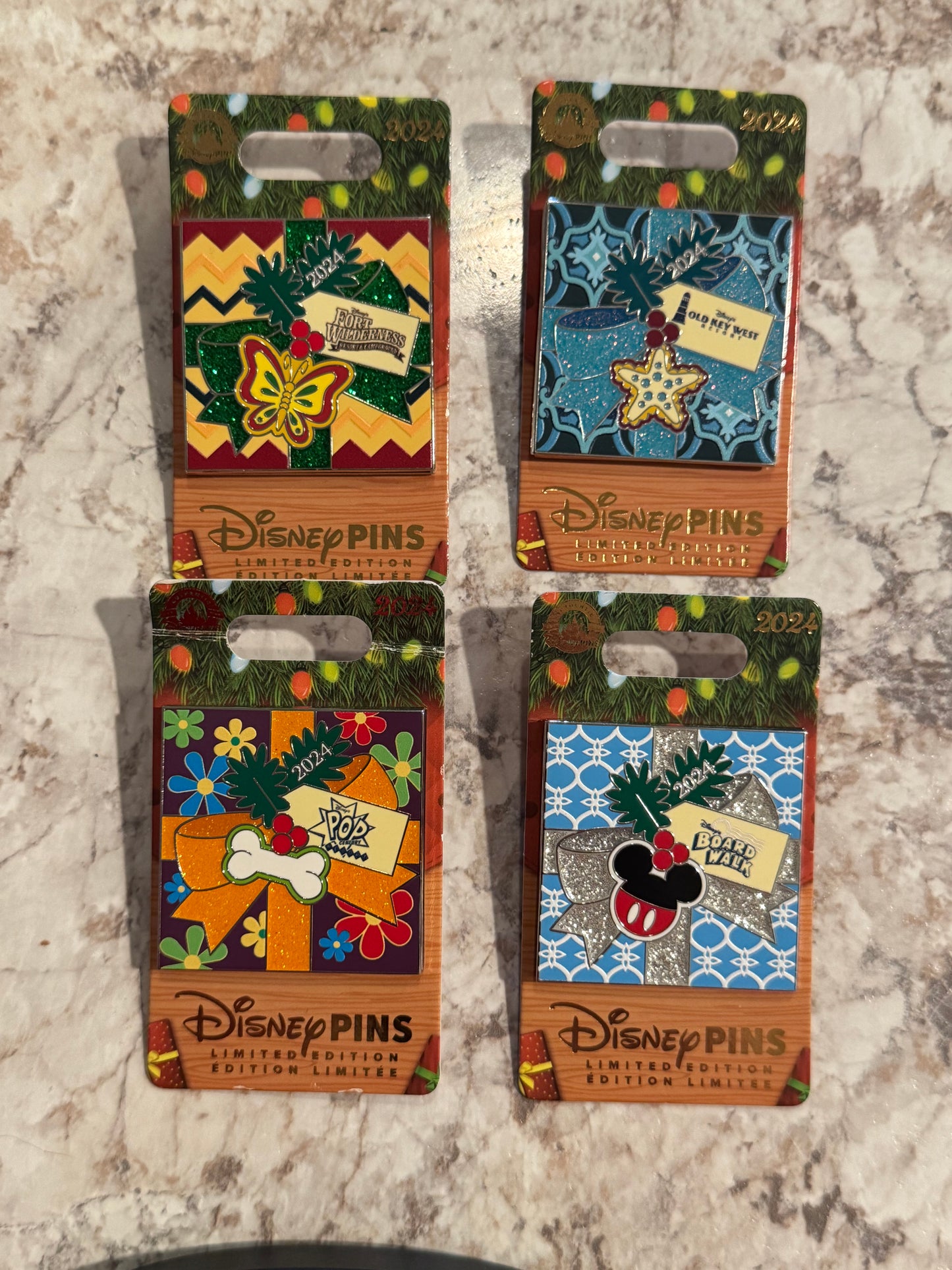 Disney Resort Christmas Pins LE Fort Wilderness, Old Key West Resort, Pop Century, Boardwalk