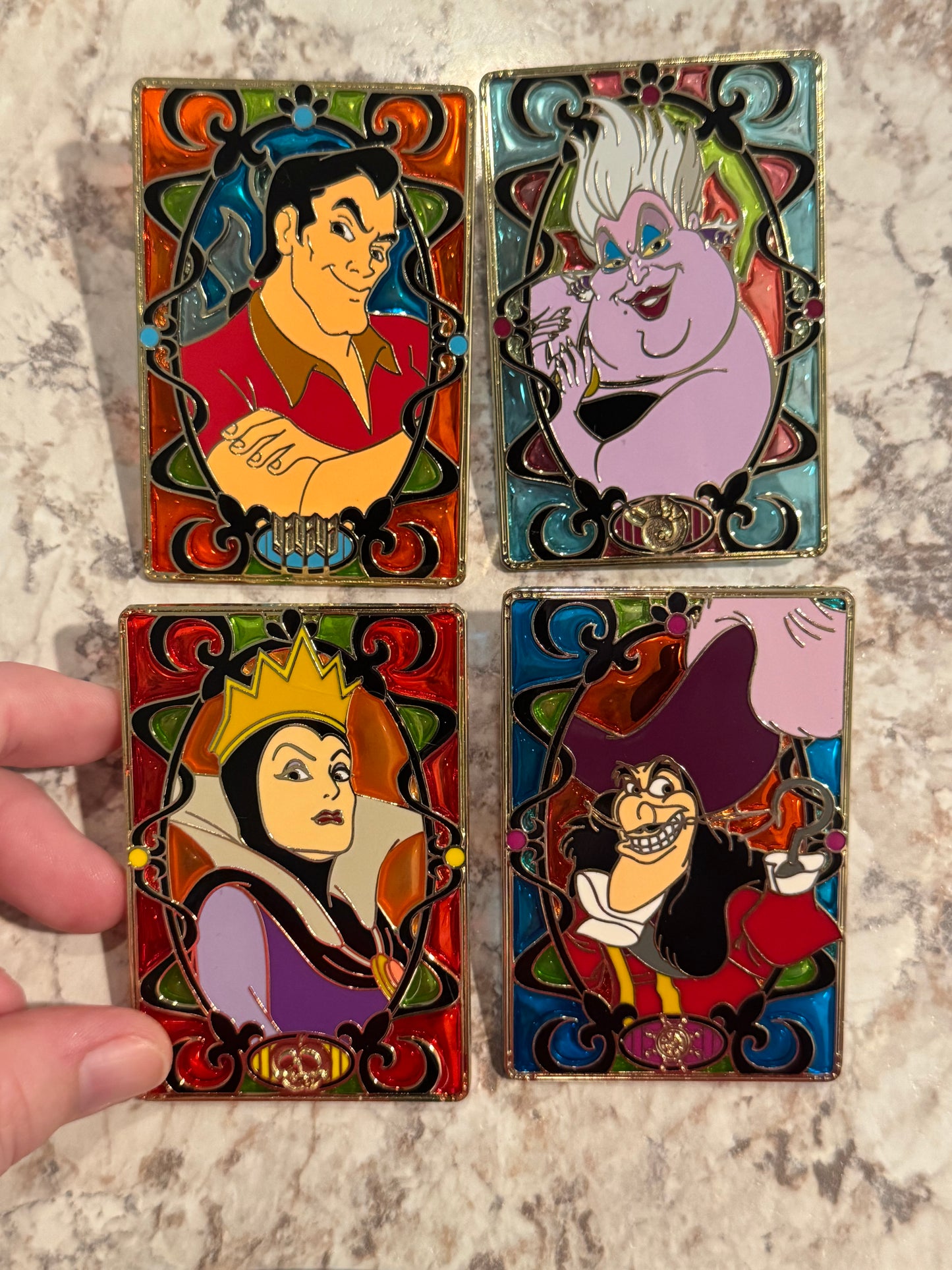 Pink a La Mode Villains Stained Glass Pin, Gaston, Ursula, Evil Queen, Captain Hook